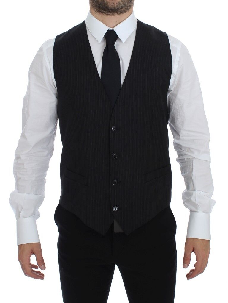 Black striped wool single-breasted vest by Dolce & Gabbana, tailored fit with button closure and classic lapel design.