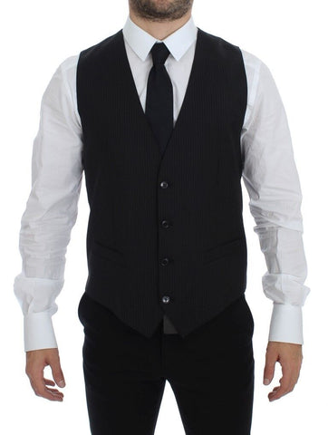 Black striped wool single-breasted vest by Dolce & Gabbana, tailored fit with button closure and classic lapel design.