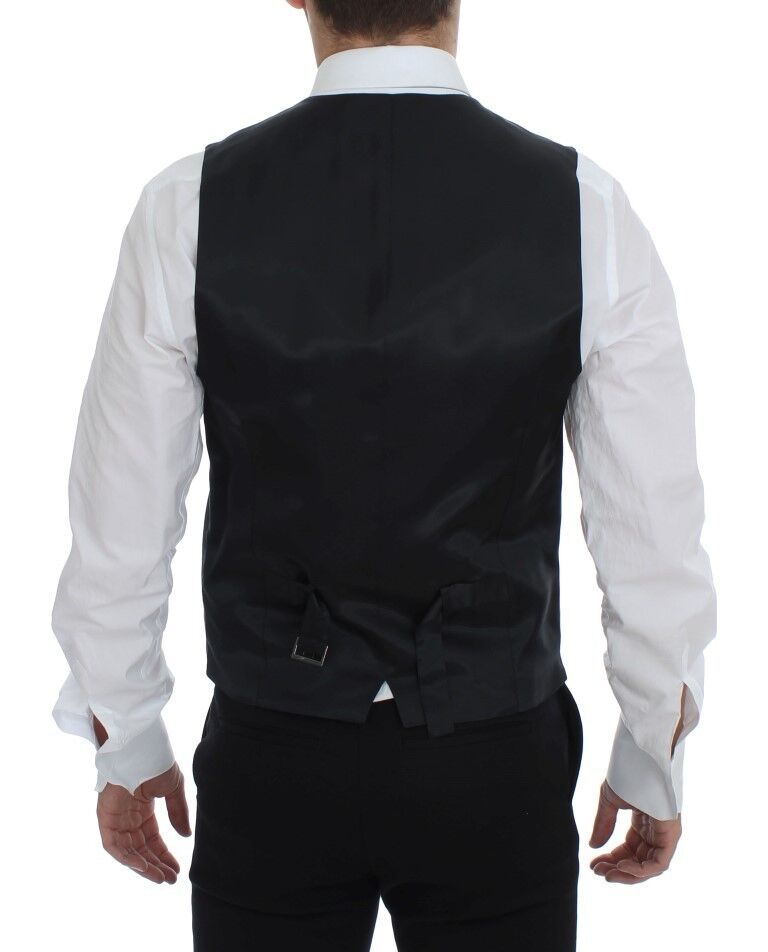 Gray striped wool single-breasted vest by Dolce & Gabbana displayed on a model, showcasing tailored fit and classic style.