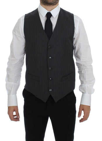Gray striped wool single-breasted vest by Dolce & Gabbana, featuring a tailored fit and classic design.