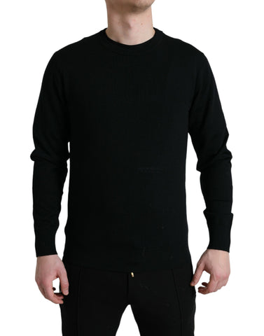 Black wool round neck pullover sweater by Dolce & Gabbana, featuring a close-up of the textured knit fabric.