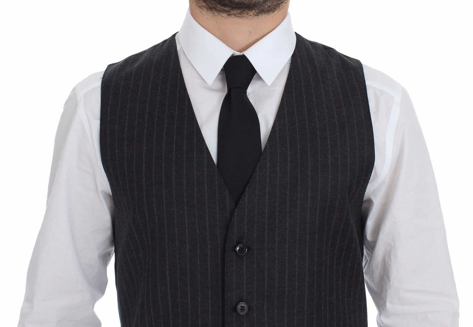 Gray striped wool logo vest by Dolce & Gabbana, featuring a sleeveless design with a subtle D&G logo, displayed on a neutral background.