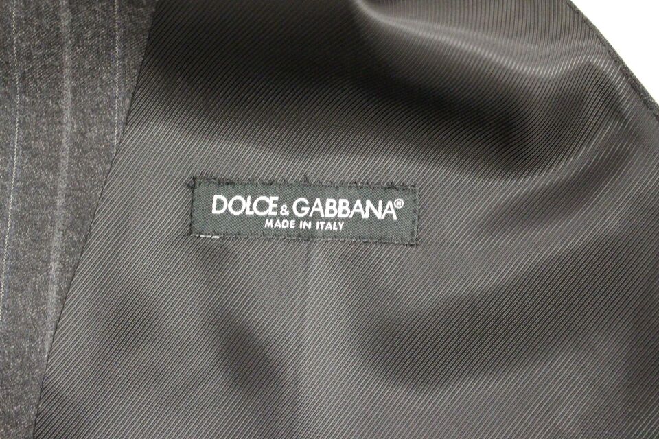 Gray striped wool Dolce & Gabbana logo vest, stylish sleeveless gilet with a modern design and textured fabric.