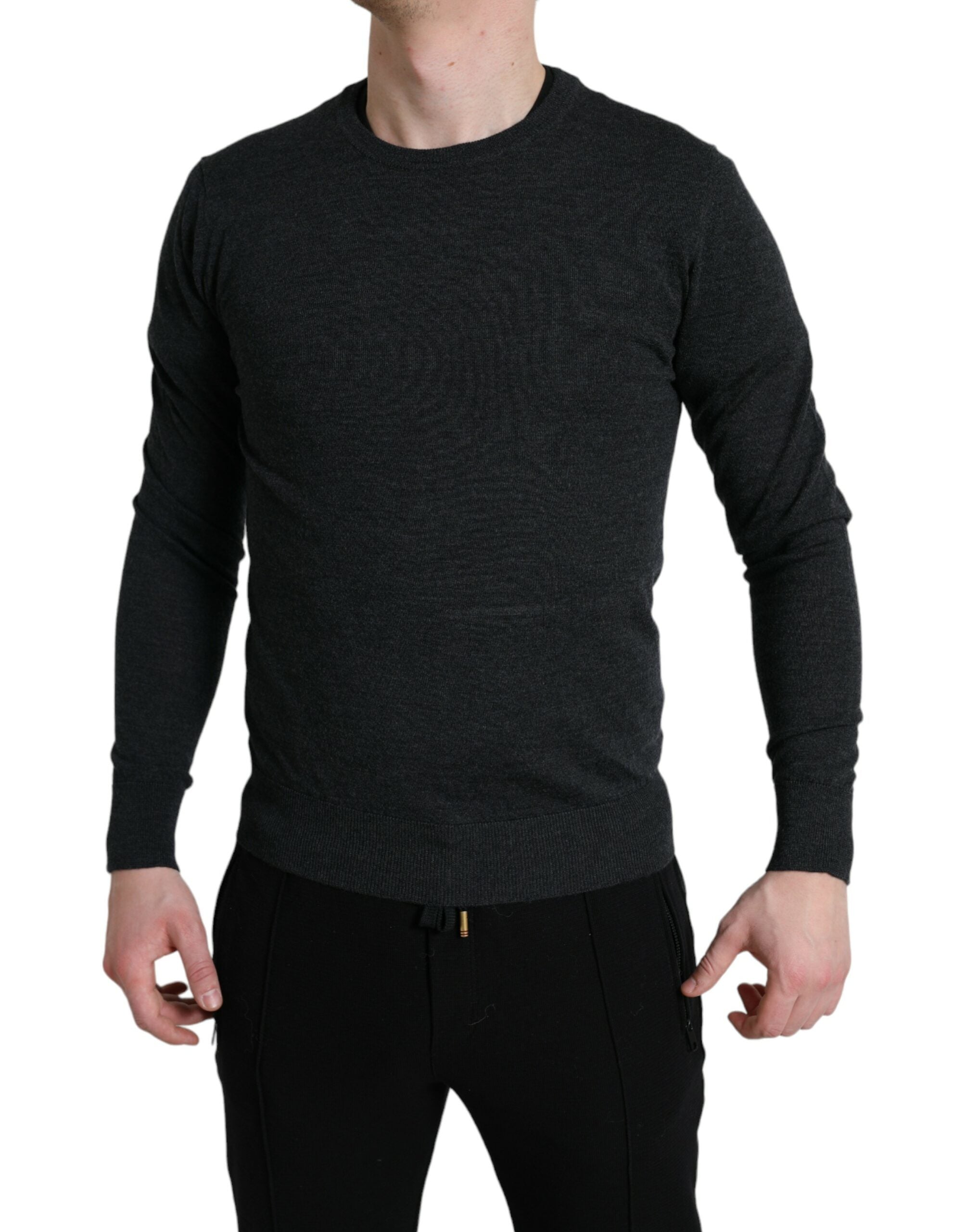 Gray wool round neck pullover sweater by Dolce & Gabbana, showcasing its soft fabric and classic fit.
