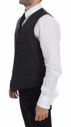 Gray wool vest with striped pattern and Dolce & Gabbana logo, sleeveless gilet style, tailored for a sophisticated look.
