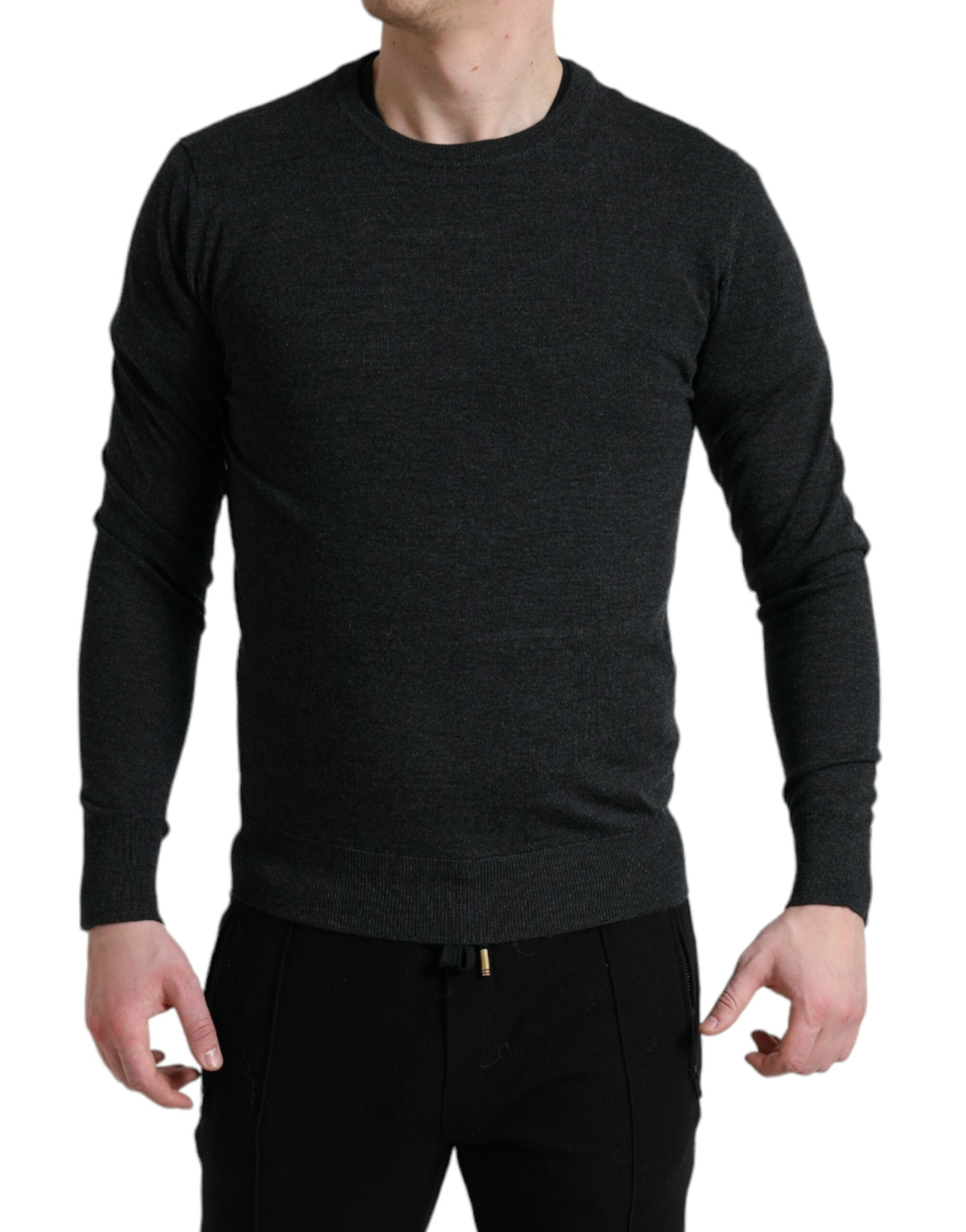 Gray wool round neck pullover sweater by Dolce & Gabbana, showcasing a cozy, classic knit design.