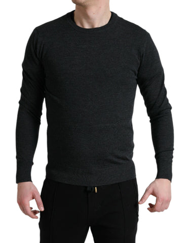 Gray wool round neck pullover sweater by Dolce & Gabbana, showcasing a cozy, classic knit design.