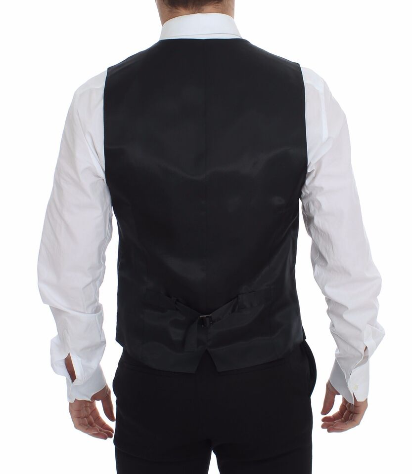 Gray wool vest with black striped pattern and Dolce & Gabbana logo, sleeveless gilet with a stylish, tailored fit.