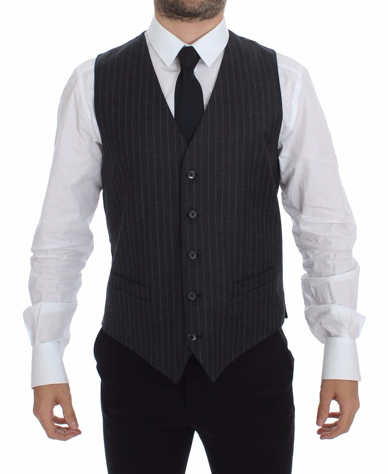 Gray wool striped logo vest by Dolce & Gabbana, featuring a sleeveless design with a subtle brand logo detail.