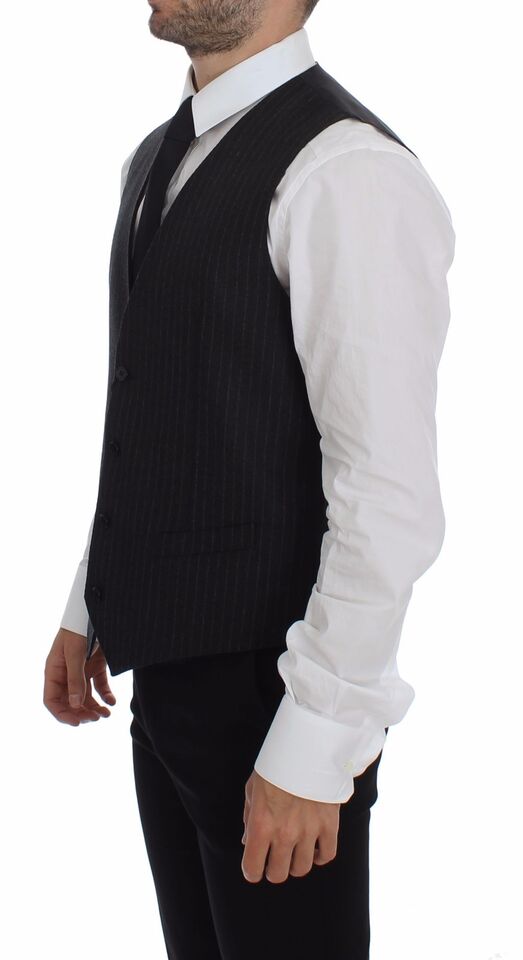 Gray wool vest with black striped pattern and Dolce & Gabbana logo, sleeveless gilet style, ideal for layered fashion.