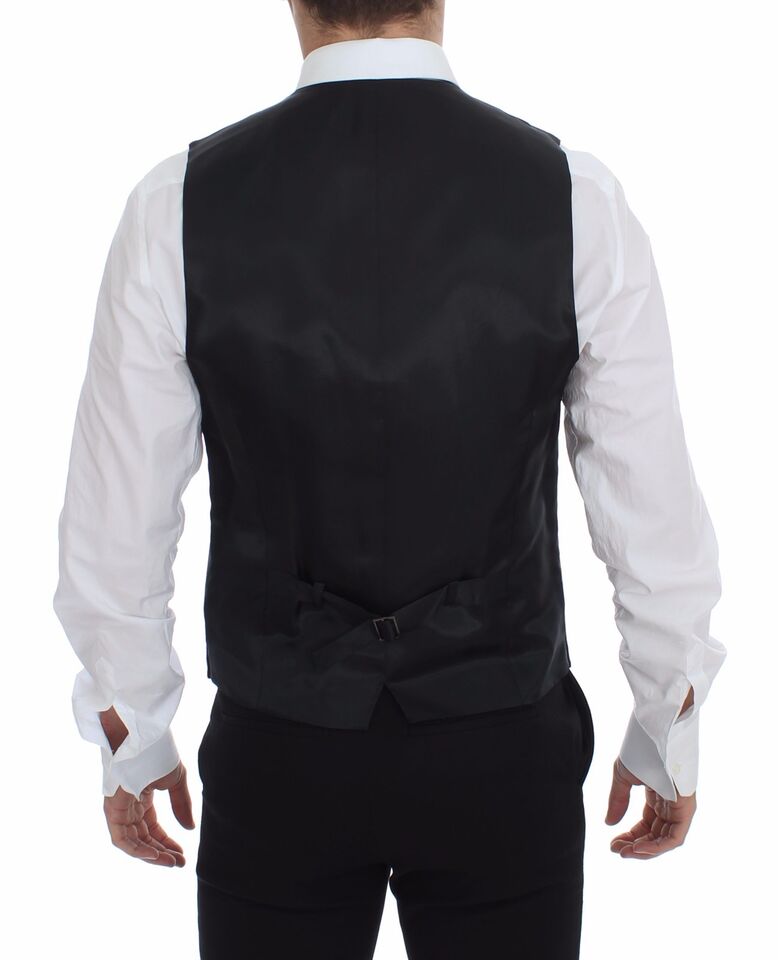 Gray wool striped logo vest by Dolce & Gabbana, featuring a sleeveless design with a fitted silhouette and subtle branding details.