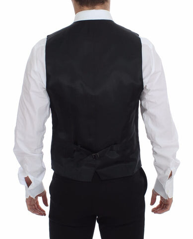 Gray wool striped logo vest by Dolce & Gabbana, featuring a sleeveless design with a fitted silhouette and subtle branding details.