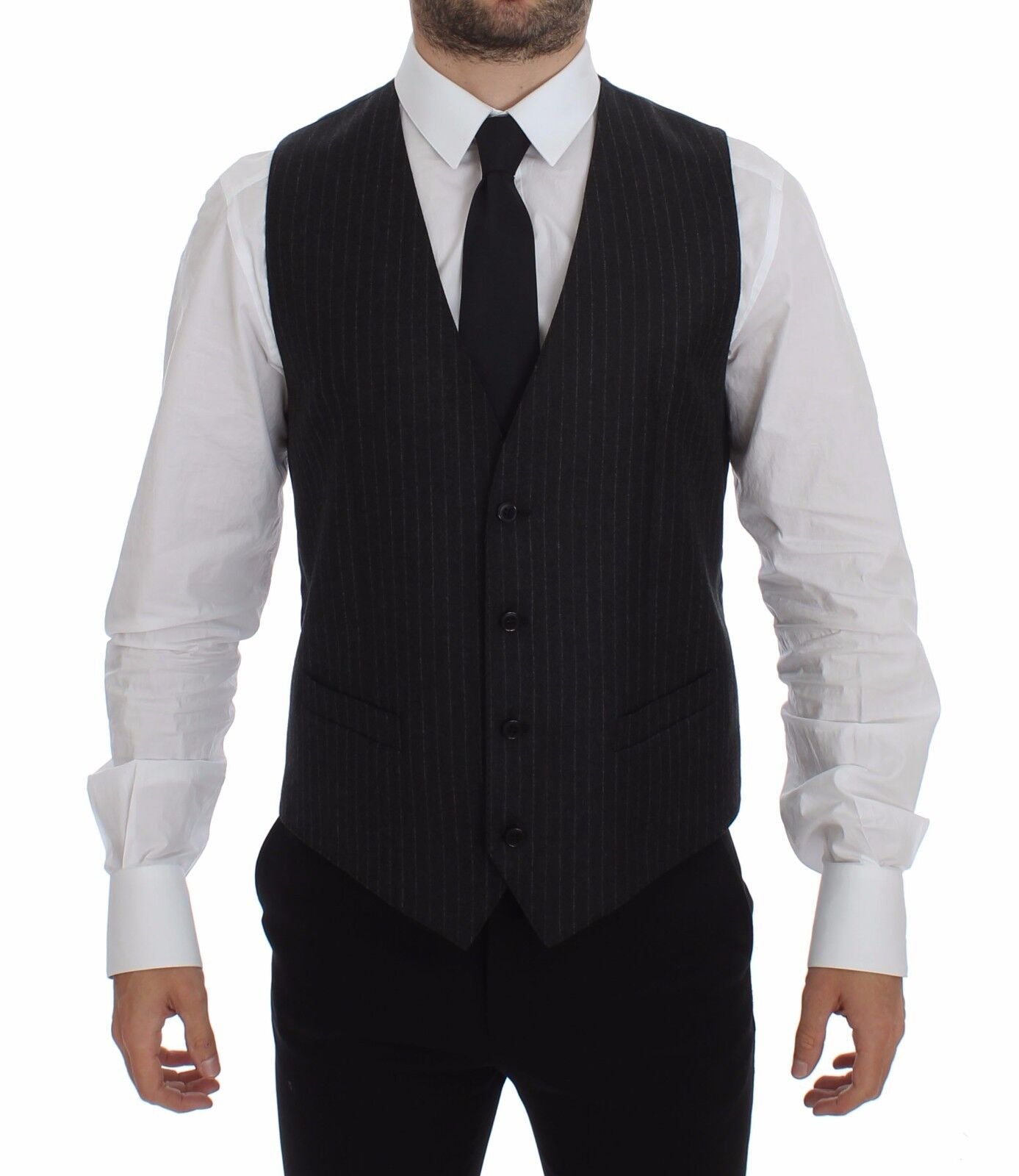 Gray striped wool vest with Dolce & Gabbana logo, featuring a sleeveless design and ribbed collar, on a plain background.