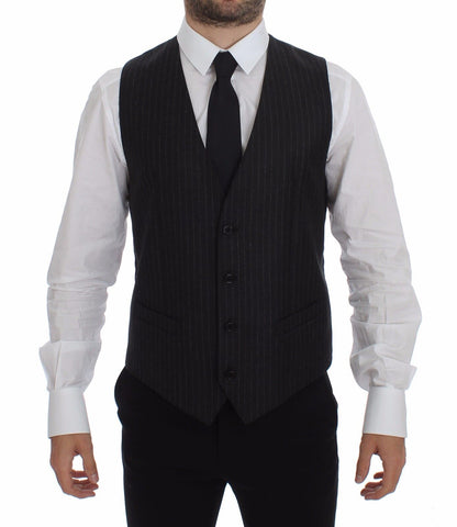Gray striped wool vest with Dolce & Gabbana logo, featuring a sleeveless design and ribbed collar, on a plain background.