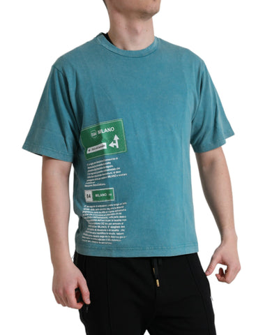 Blue cotton Milano Street round neck T-shirt by Dolce & Gabbana, featuring a casual fit and minimalist design.
