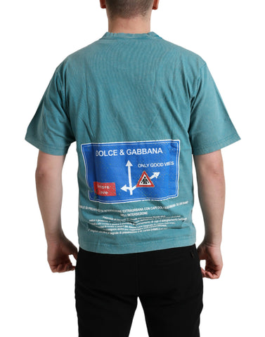 Blue cotton Milano Street round neck T-shirt by Dolce & Gabbana, featuring a casual fit and classic streetwear style.