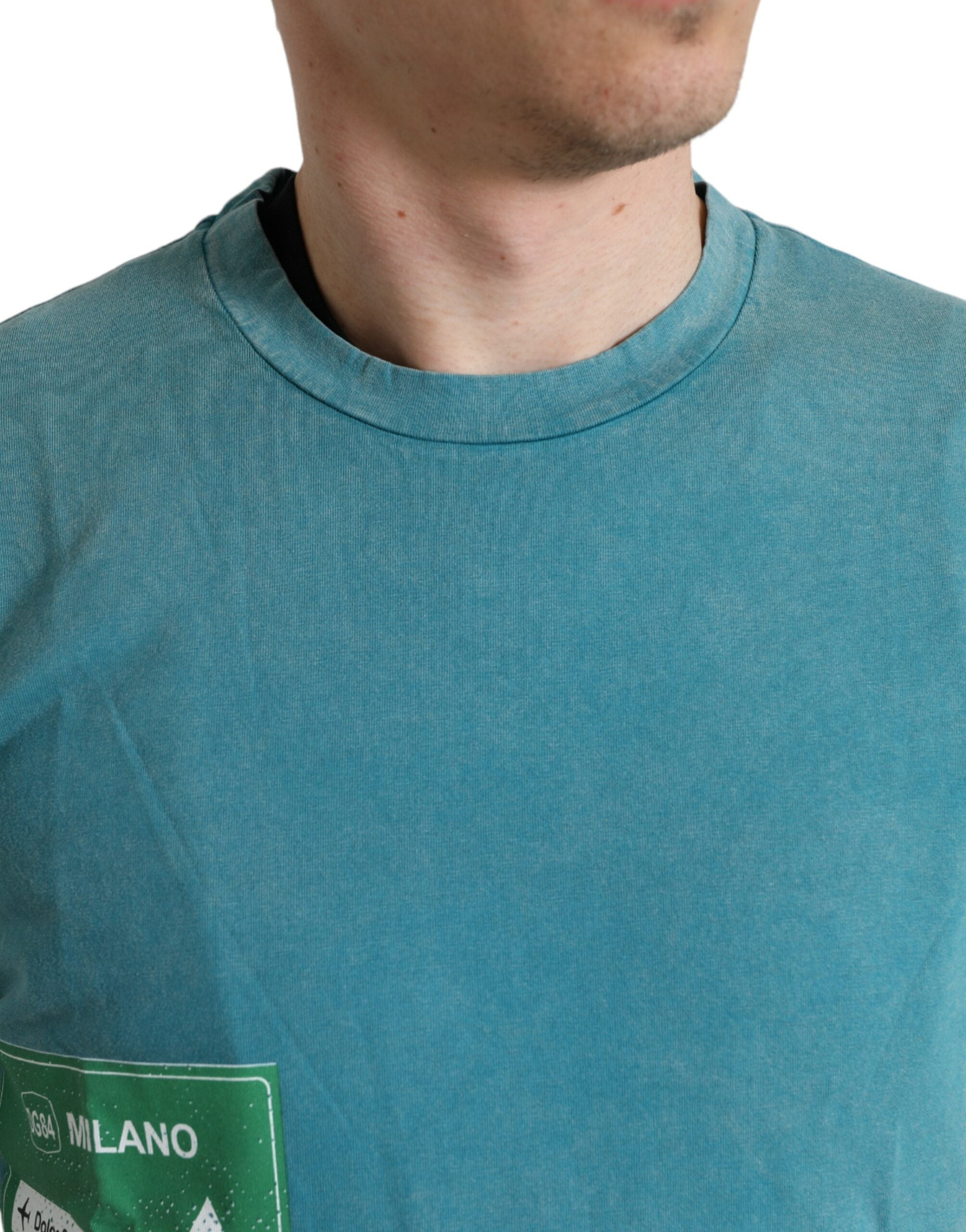 Blue cotton Milano Street round neck T-shirt by Dolce & Gabbana, featuring a casual fit with short sleeves and a clean neckline.