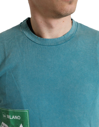 Blue cotton Milano Street round neck T-shirt by Dolce & Gabbana, featuring a casual fit with short sleeves and a clean neckline.