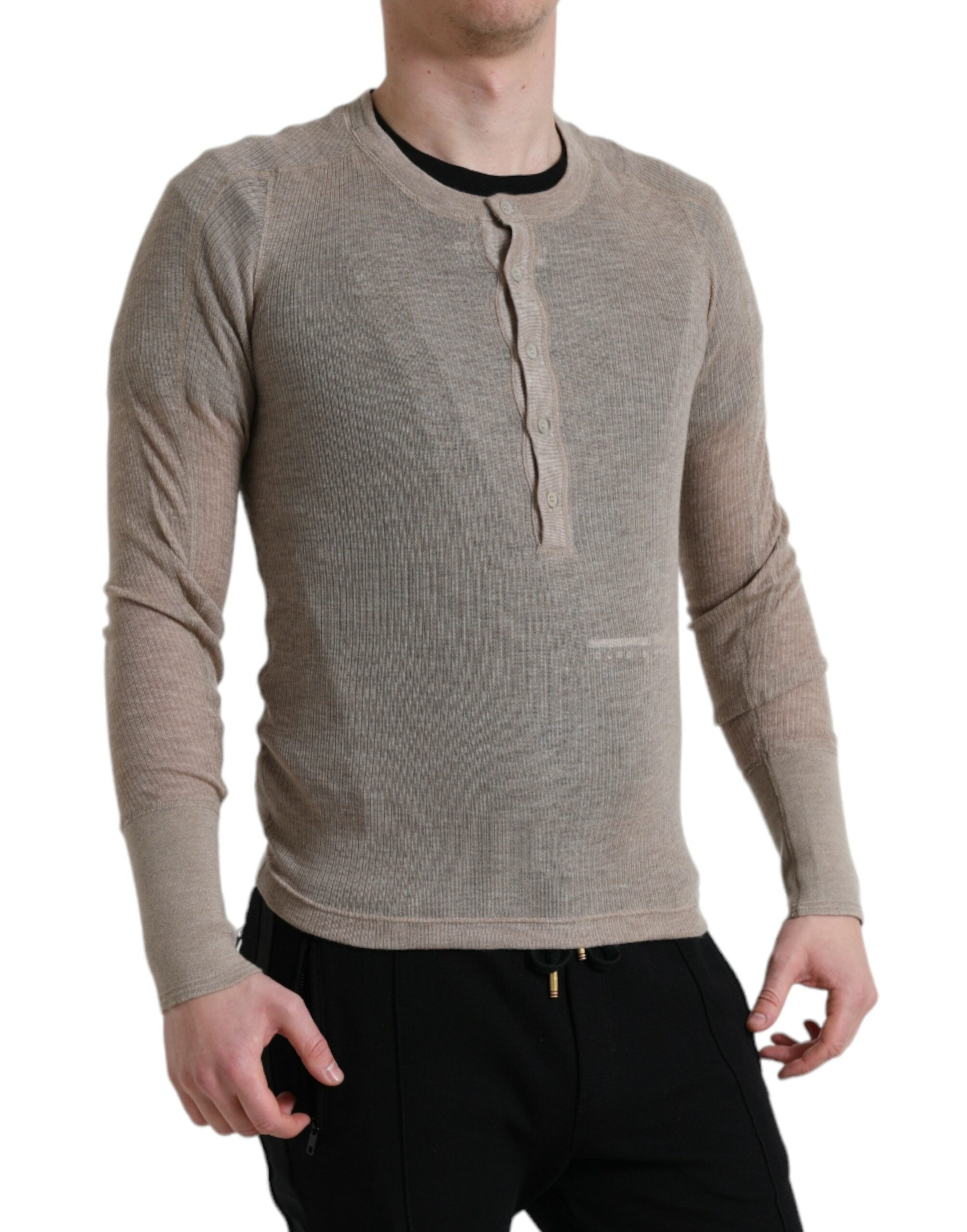 Beige Dolce & Gabbana Henley cashmere pullover sweater, close-up showing soft knit texture and stylish collar details.