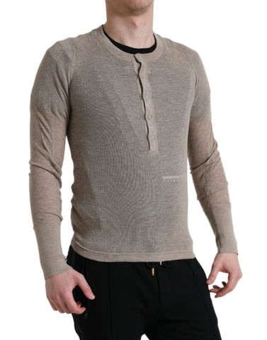 Beige Dolce & Gabbana Henley cashmere pullover sweater, close-up showing soft knit texture and stylish collar details.