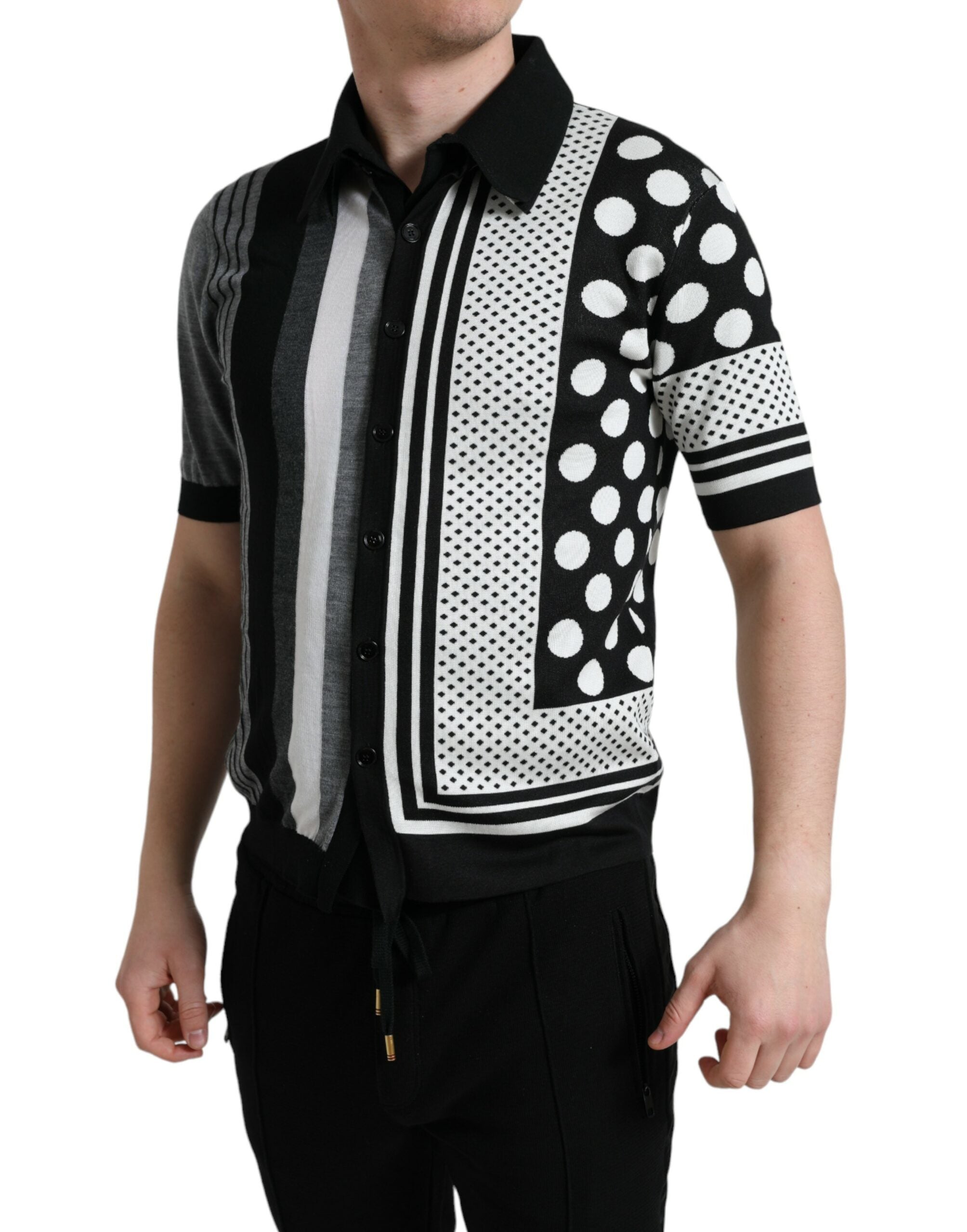 Black and white Dolce & Gabbana jumper cardigan polo sweater, showing the knit texture and classic design.