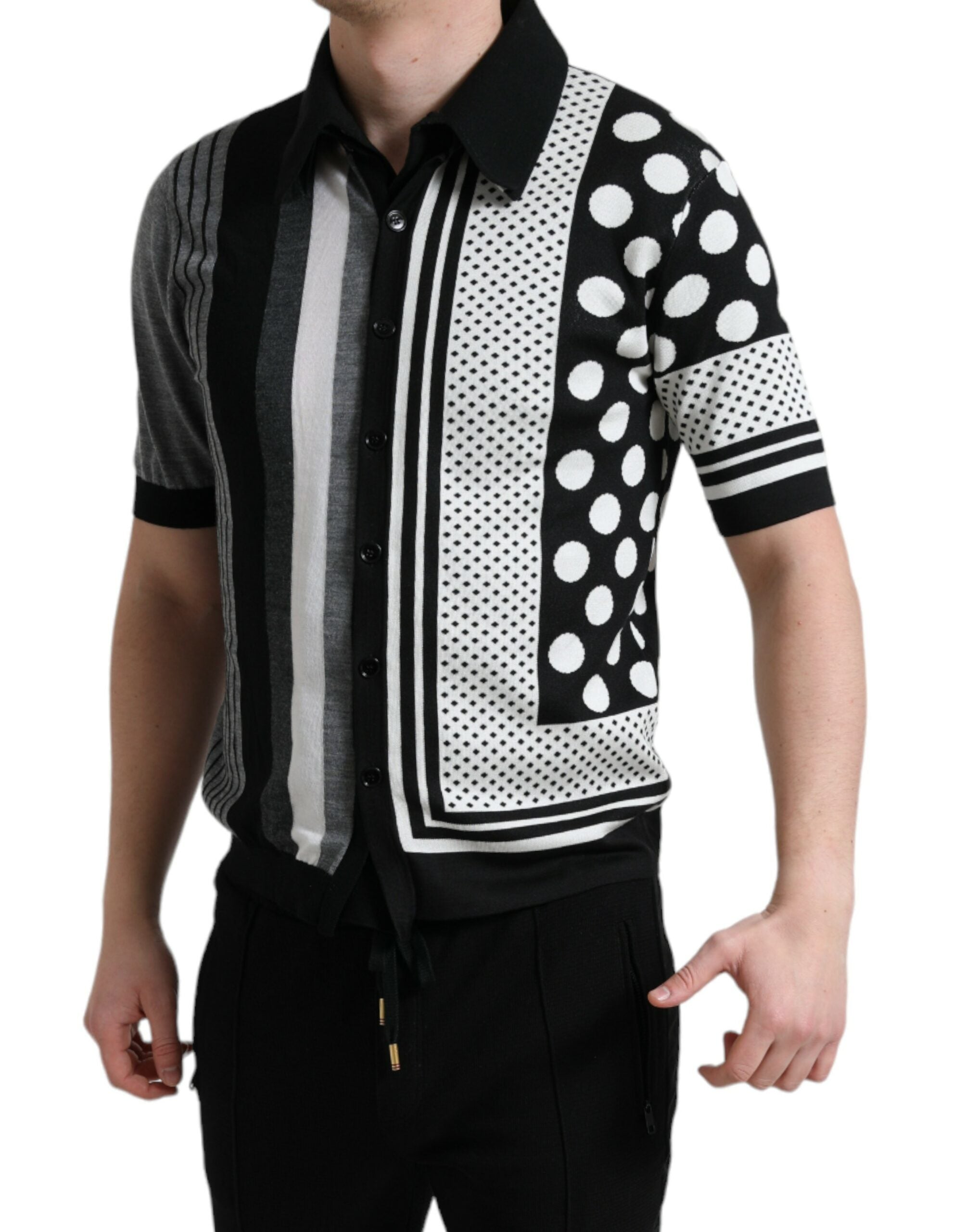 Dolce & Gabbana black and white jumper cardigan polo sweater, front view showing classic knit design and button details.