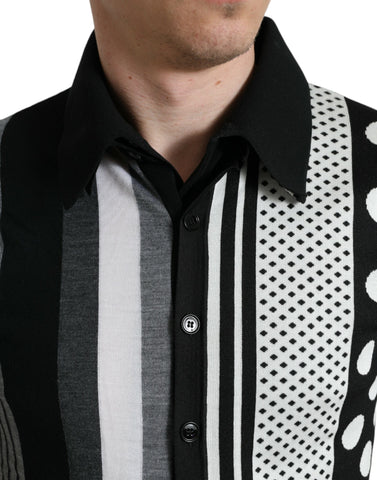 Black and white Dolce & Gabbana jumper cardigan with polo collar, knitted sweater featuring a classic design and textured fabric.