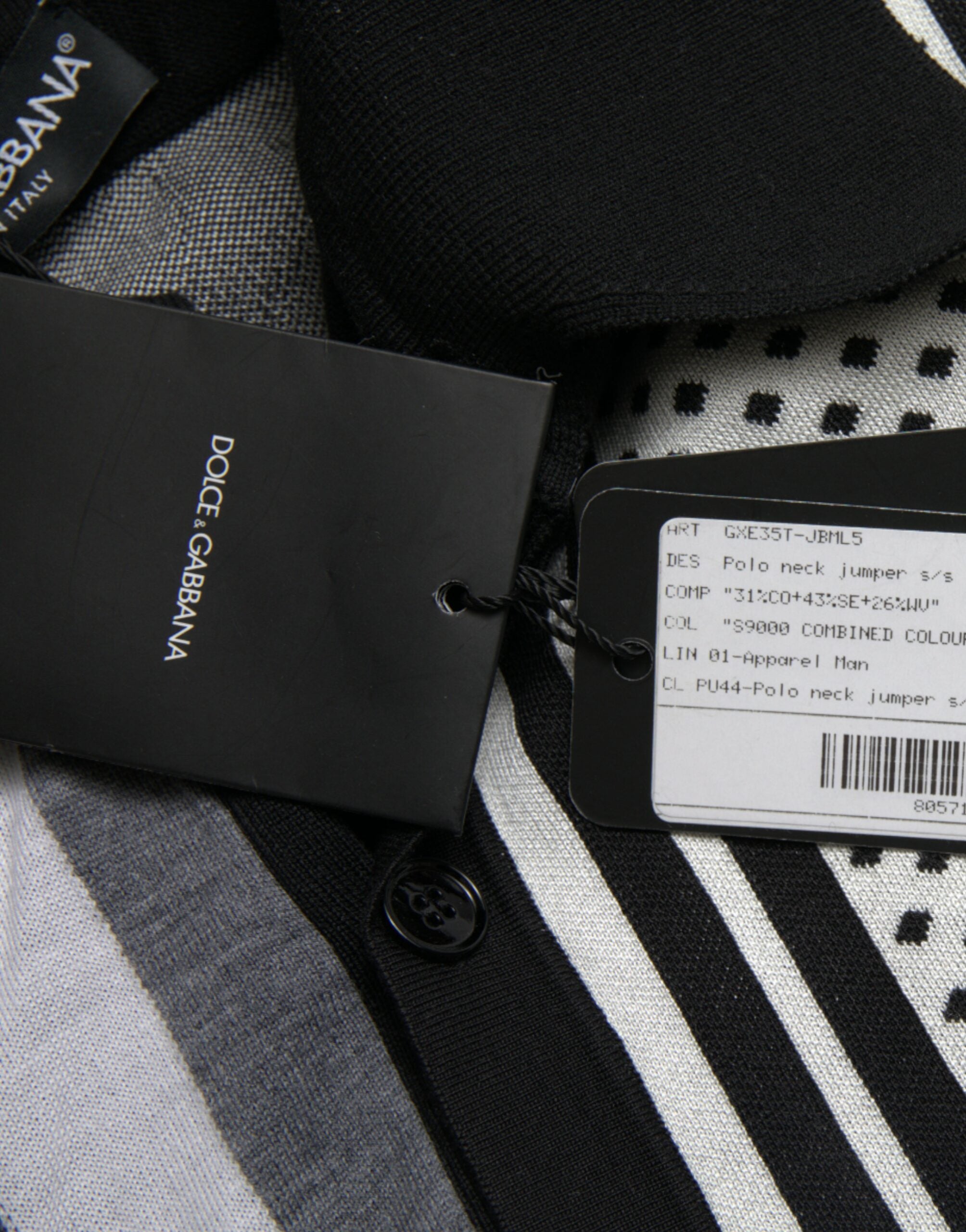 Black and white Dolce & Gabbana jumper cardigan with polo sweater style, featuring a classic knit design and ribbed cuffs.