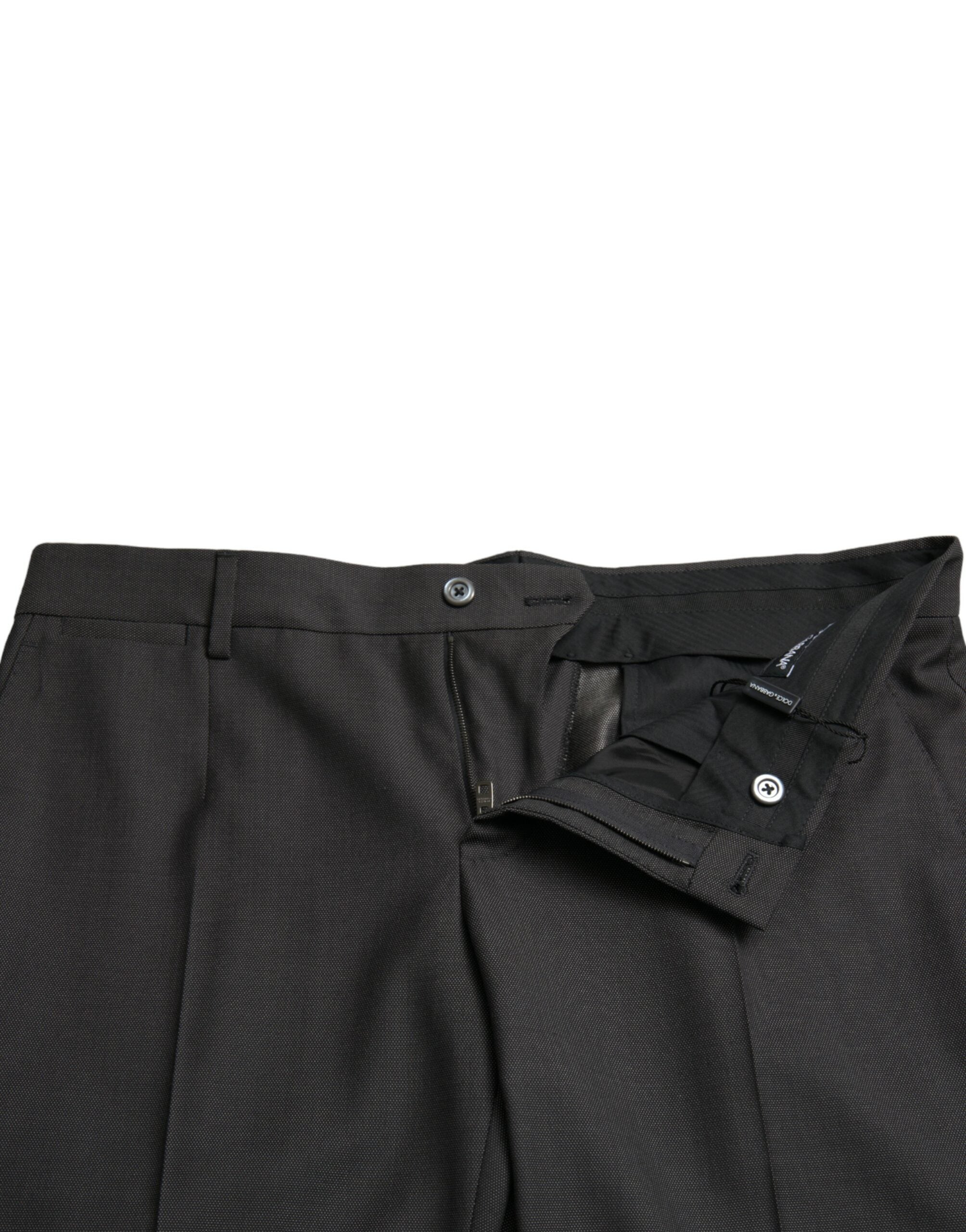 Dark gray stretch slim formal pants by Dolce & Gabbana displayed on a hanger with a clean background.