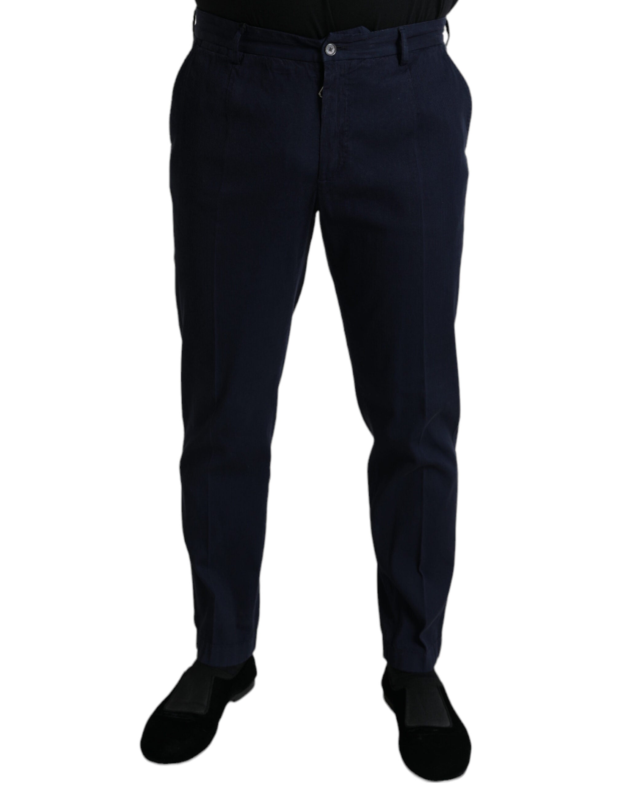 Dark blue cotton stretch slim fit dress pants by Dolce & Gabbana displayed on a hanger.