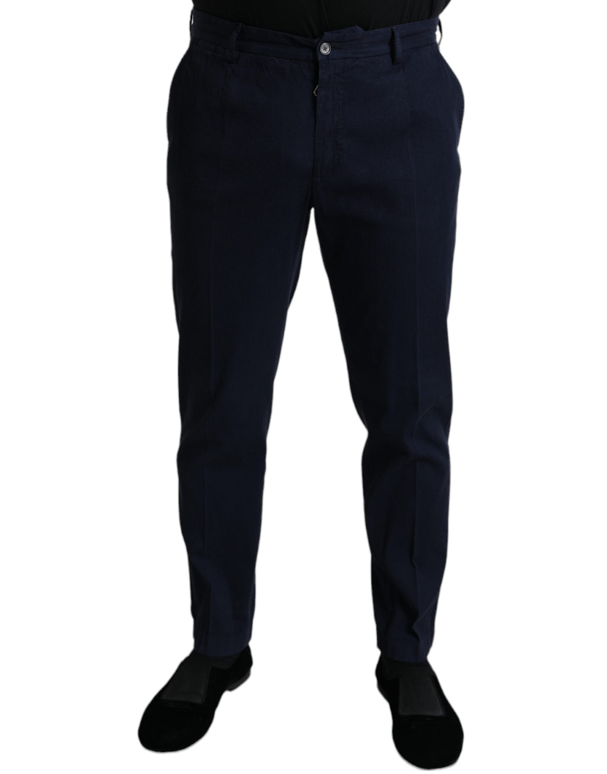 Dark blue cotton stretch slim fit dress pants by Dolce & Gabbana displayed on a hanger.