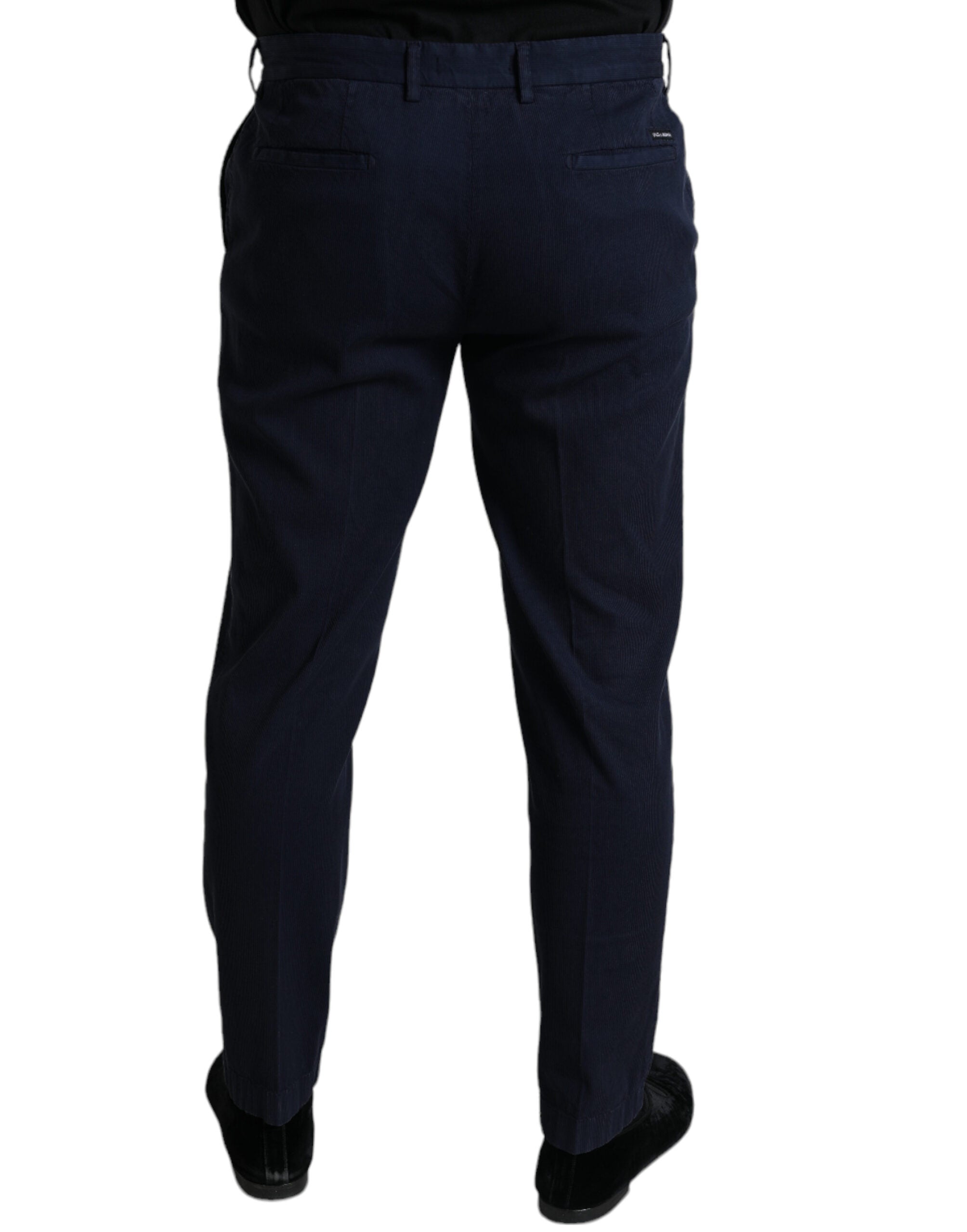 Dark blue cotton stretch slim fit dress pants by Dolce & Gabbana, tailored fit with clean front and belt loops.