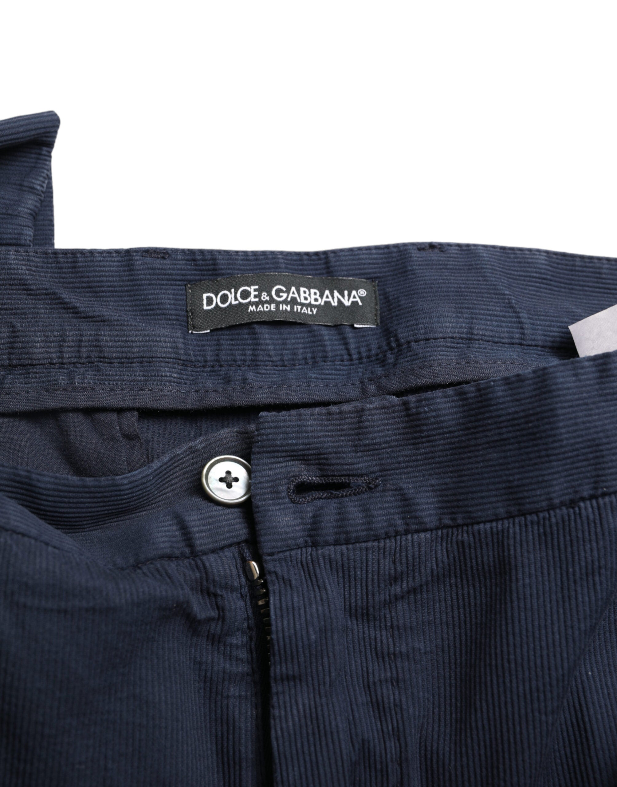 Dark blue cotton stretch slim fit dress pants by Dolce & Gabbana, tailored with a sleek, modern design and classic waistband.