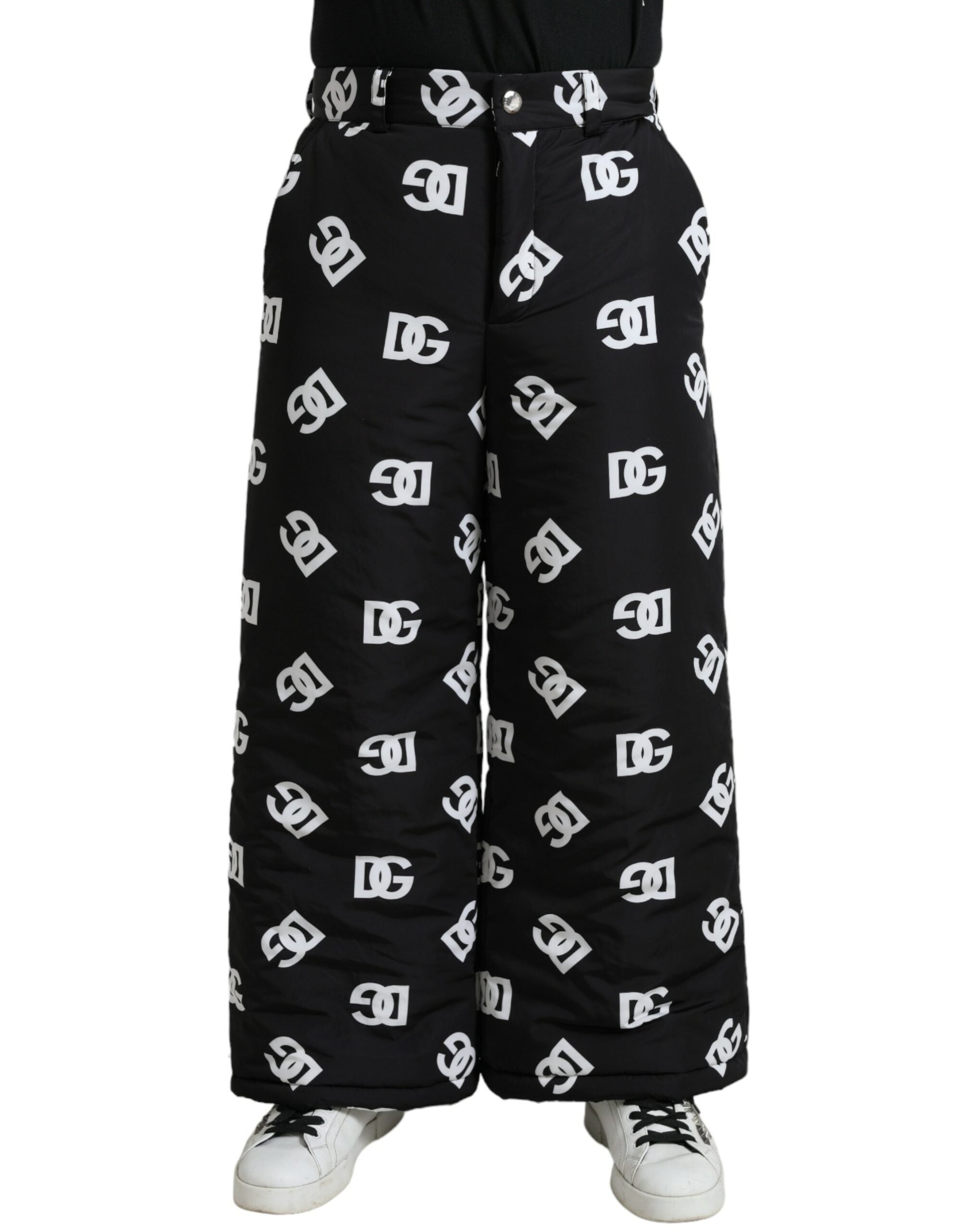 Dolce & Gabbana black logo DG print wide leg pants with relaxed fit and stylish design, shown on a model.