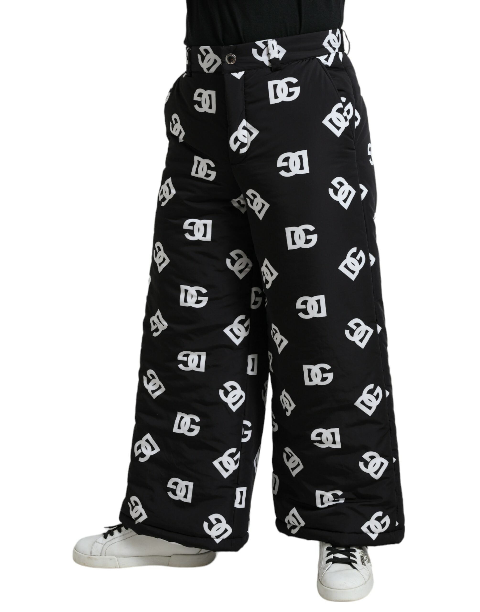 Black Dolce & Gabbana logo print wide-leg pants with a relaxed fit and stylish design.