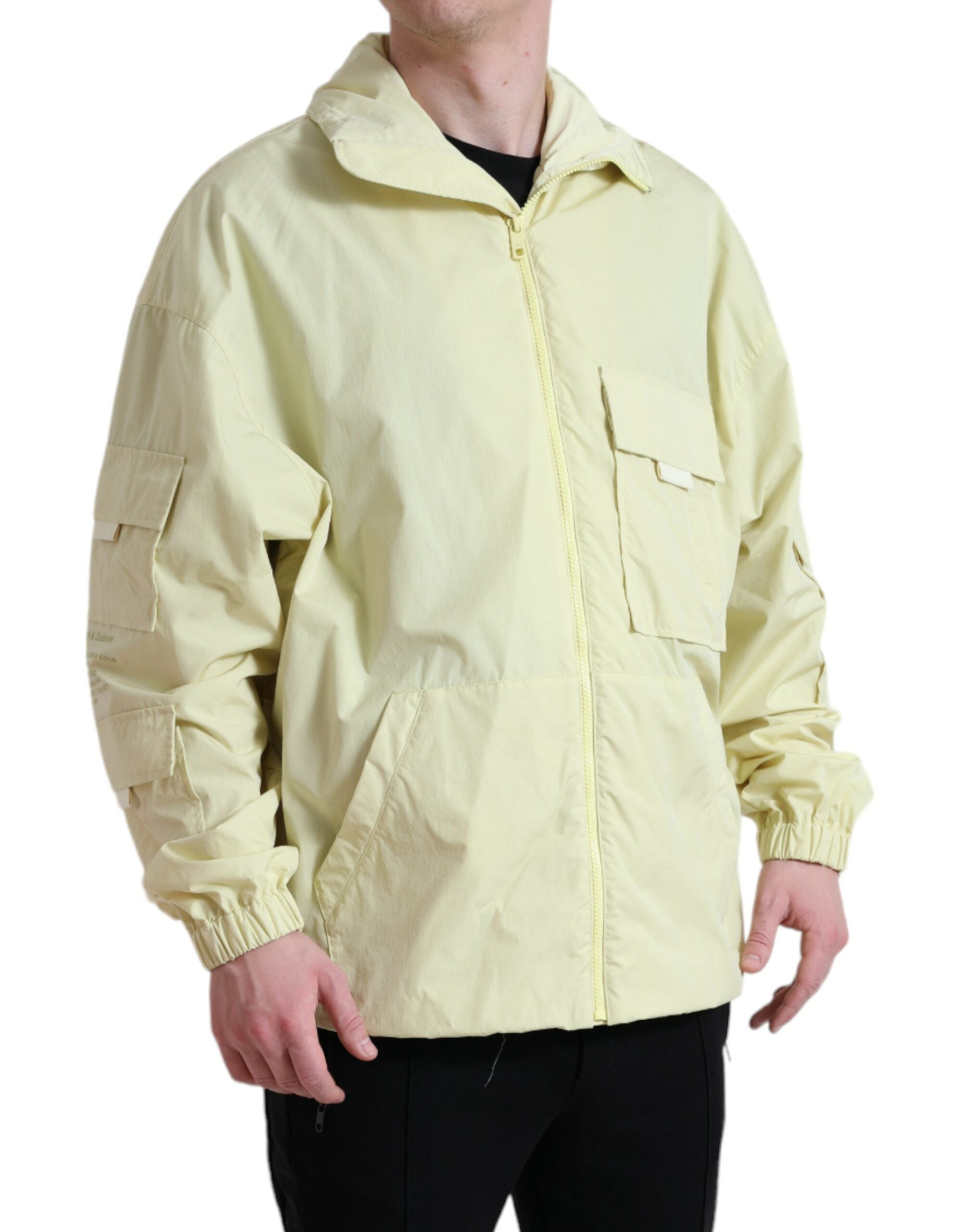 Yellow nylon collared full-zip parka jacket by Dolce & Gabbana, front view showing collar and zipper details.