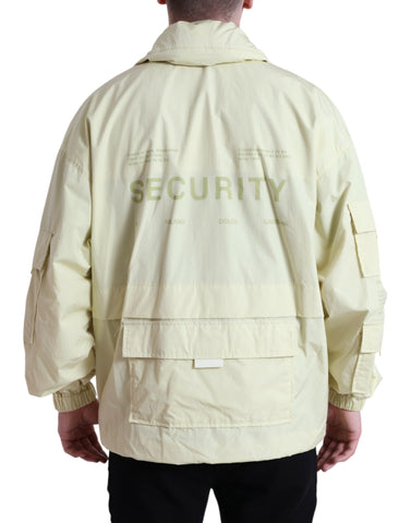 Yellow nylon collared full zip parka jacket by Dolce & Gabbana, shown with front view and hood details.