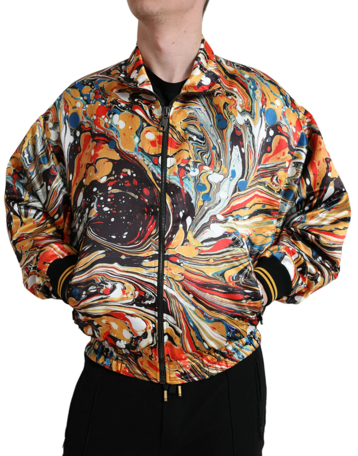 Multicolor abstract polyester bomber jacket by Dolce & Gabbana featuring vibrant patterns and a stylish, modern design.