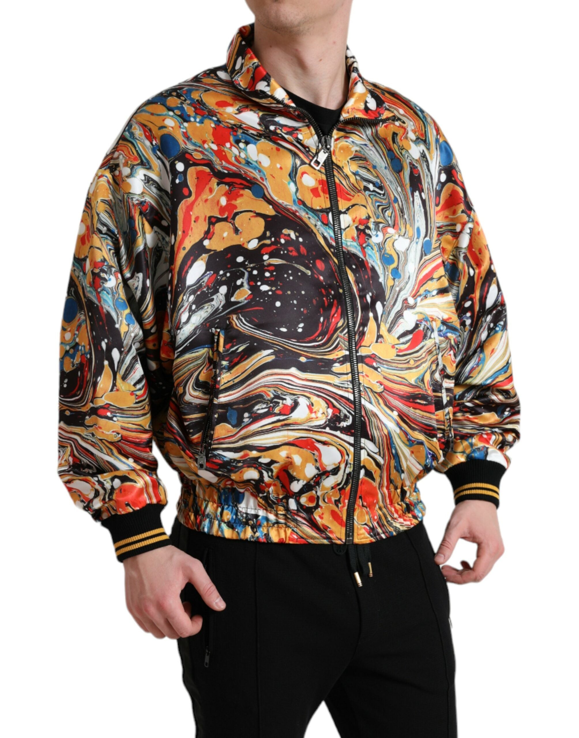 Multicolor abstract polyester bomber jacket by Dolce & Gabbana, featuring vibrant patterns and a fitted design.