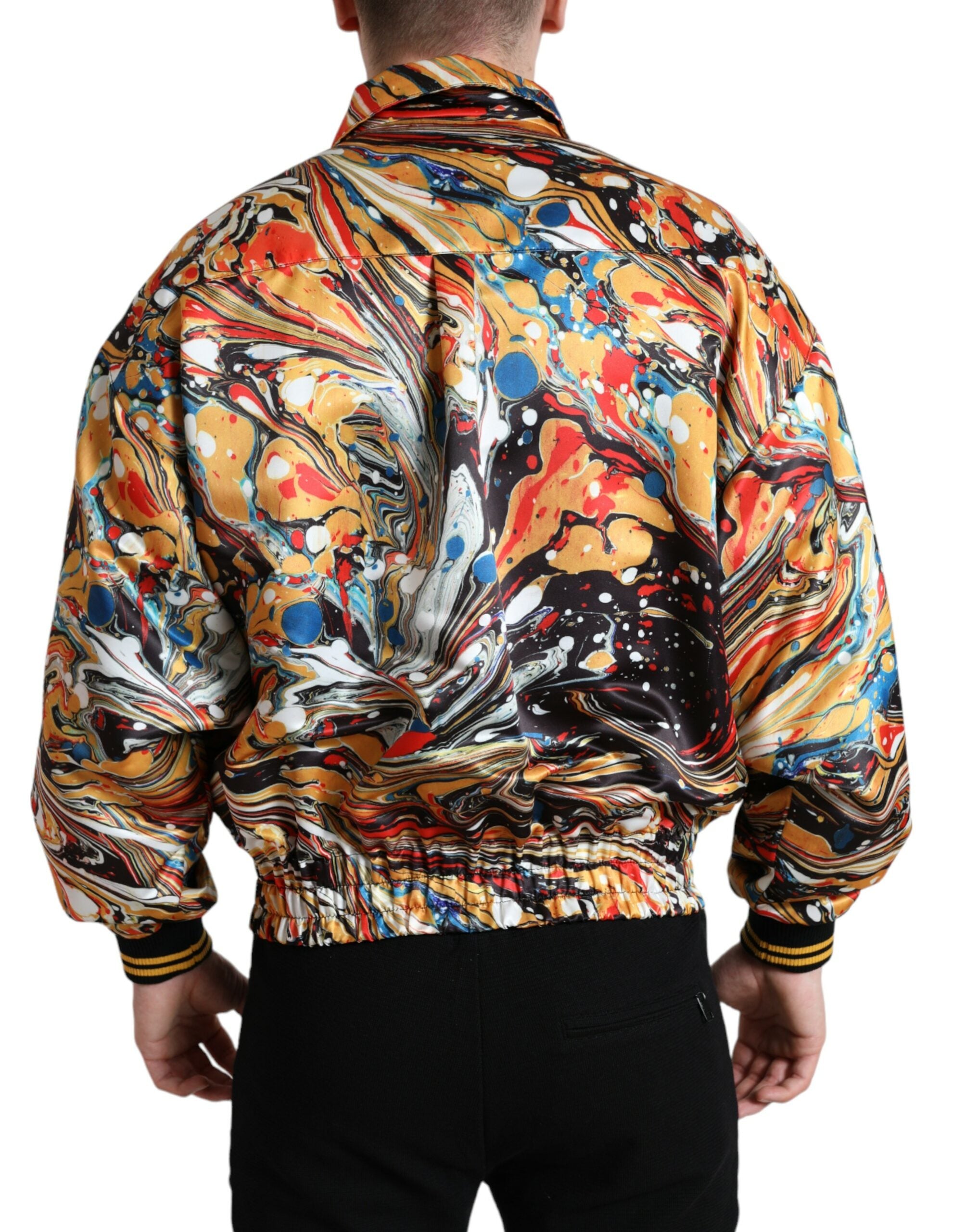 Multicolor abstract polyester bomber jacket by Dolce & Gabbana, featuring vibrant patterns and a stylish, modern design.