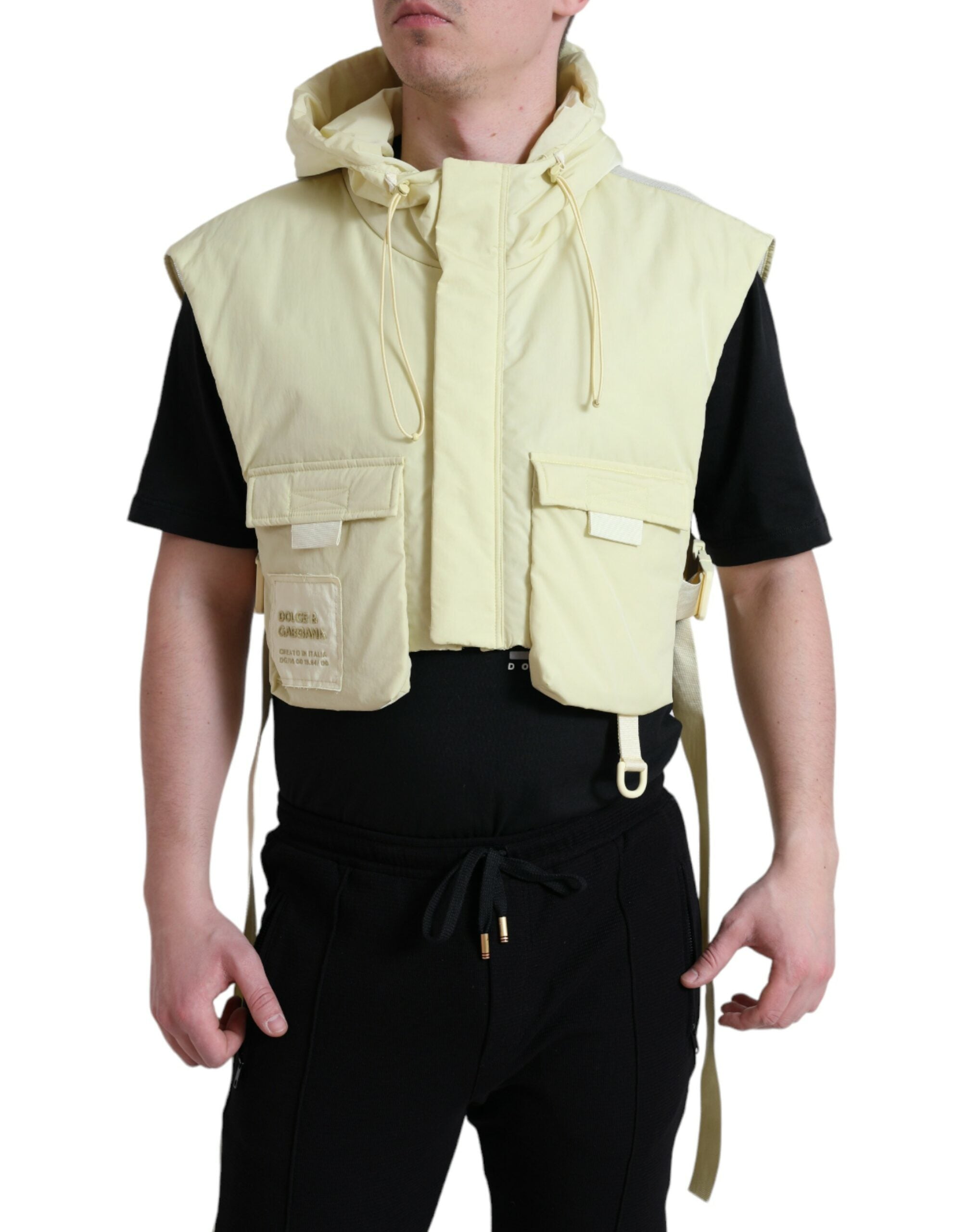 Yellow nylon hooded sportswear vest jacket by Dolce & Gabbana, featuring a lightweight, sporty design with a hood and zipper closure.
