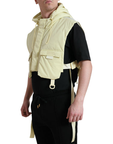 Yellow nylon hooded sportswear vest jacket by Dolce & Gabbana, shown with front zipper and hood, suitable for active outdoor wear.
