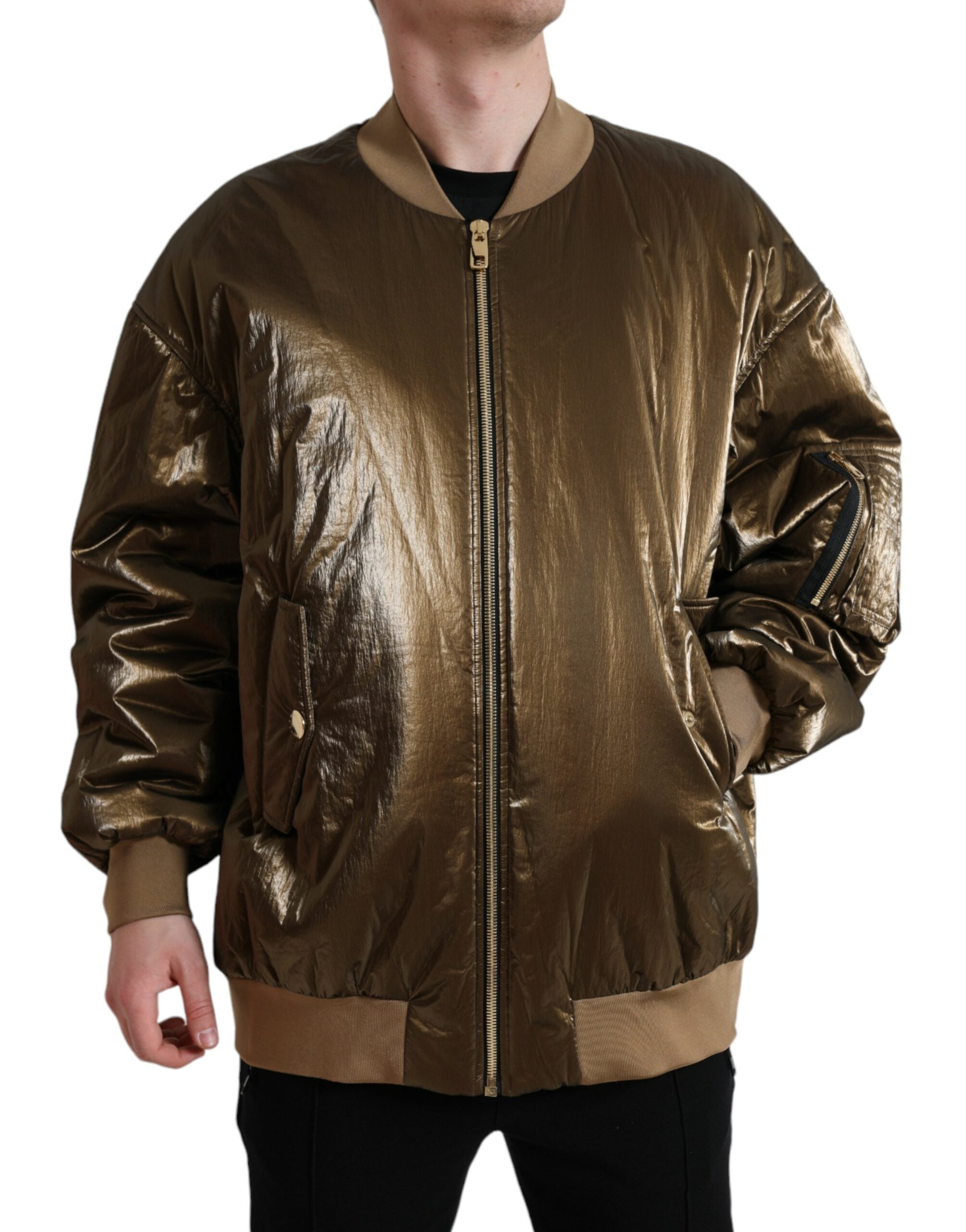 Bronze nylon full zip men's bomber jacket by Dolce & Gabbana, featuring a sleek design and ribbed collar.