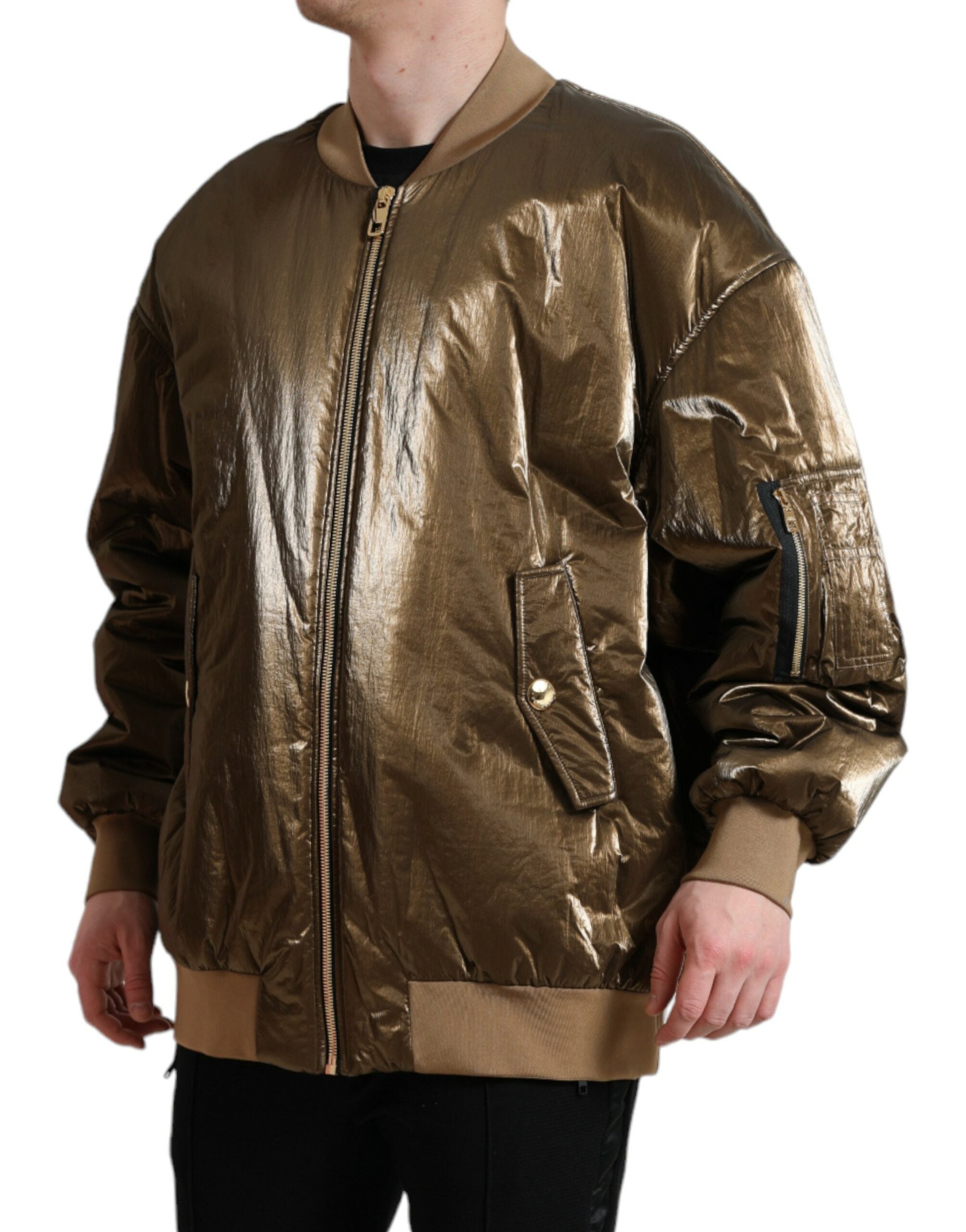 Bronze nylon full zip men's bomber jacket by Dolce & Gabbana, featuring a sleek design and ribbed cuffs and collar.