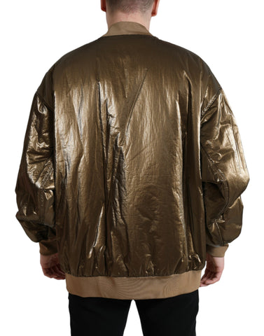 Bronze nylon full-zip men's bomber jacket by Dolce & Gabbana, featuring a sleek design and ribbed cuffs.