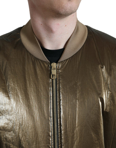 Bronze nylon full-zip men's bomber jacket by Dolce & Gabbana, featuring a stylish design and zip-up front.