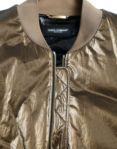 Bronze nylon full-zip men's bomber jacket by Dolce & Gabbana, featuring a sleek design and zip-front closure.