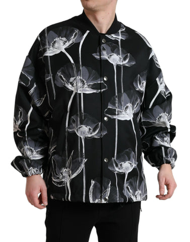 Black floral print wool bomber jacket with button-down front by Dolce & Gabbana, featuring a stylish and cozy design.
