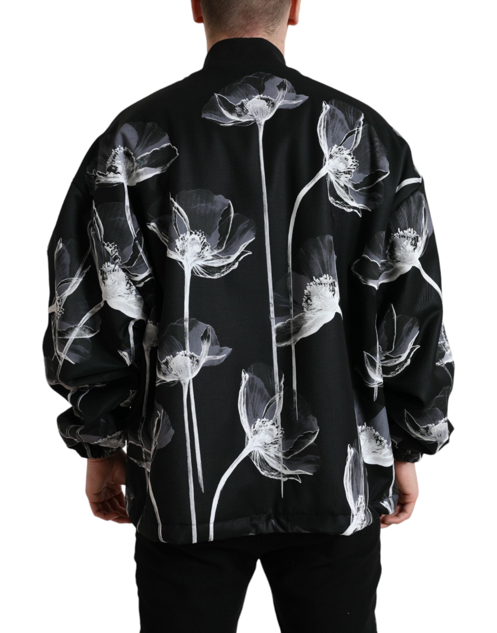 Dolce & Gabbana black floral print wool button-down bomber jacket, stylish outerwear with floral pattern and ribbed cuffs.