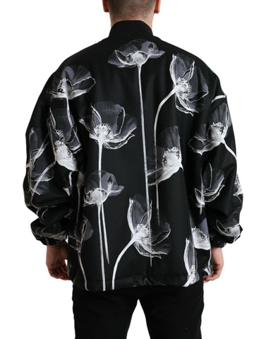 Dolce & Gabbana black floral print wool button-down bomber jacket, stylish outerwear with floral pattern and ribbed cuffs.